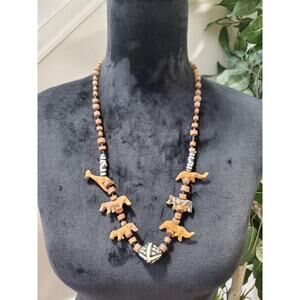 Vintage Wood Beaded Boho Necklace Tribal Animals Leopard Giraffe Tiger Lion